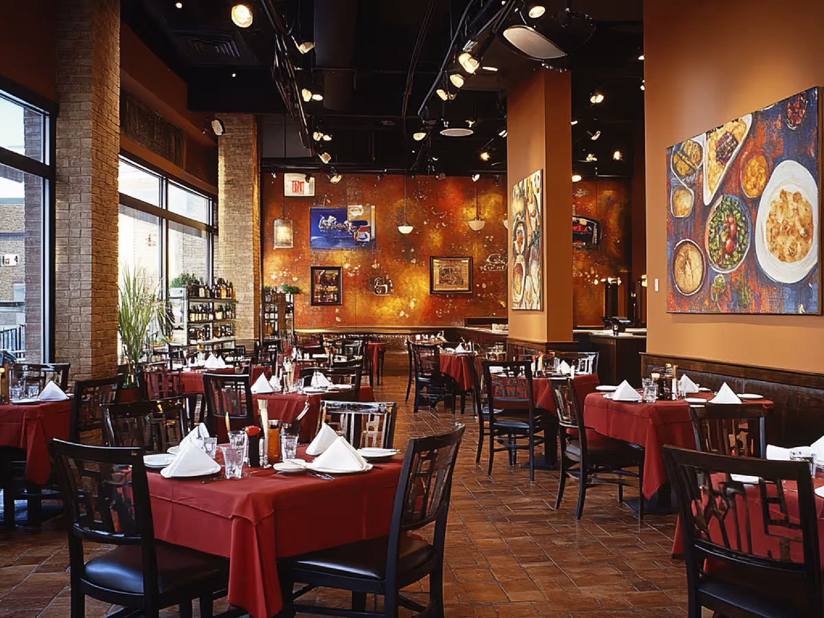 Cozy restaurant interior with tables covered in red tablecloths, set with white napkins and glassware, warm lighting, and colorful artwork on orange walls.